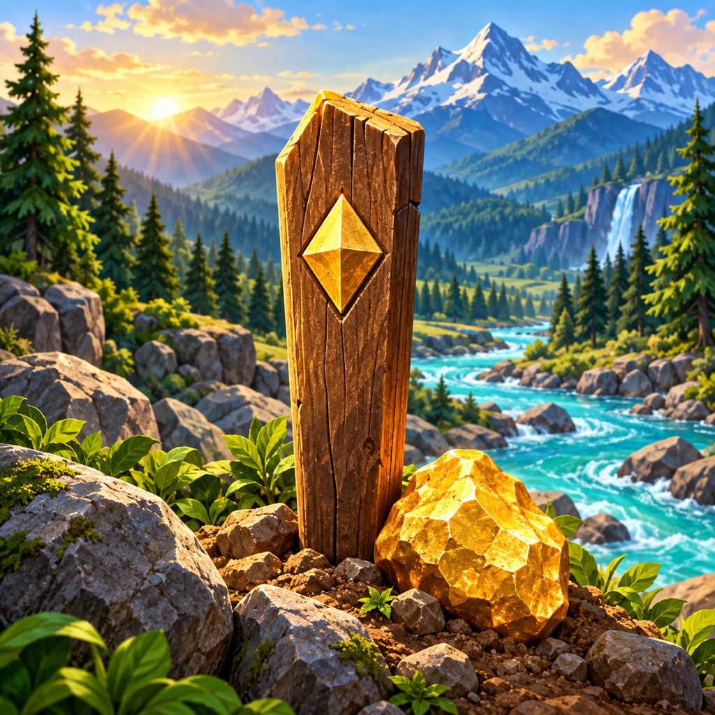 A wooden mining claim marker beside a mountain river, with gold and evergreen forest